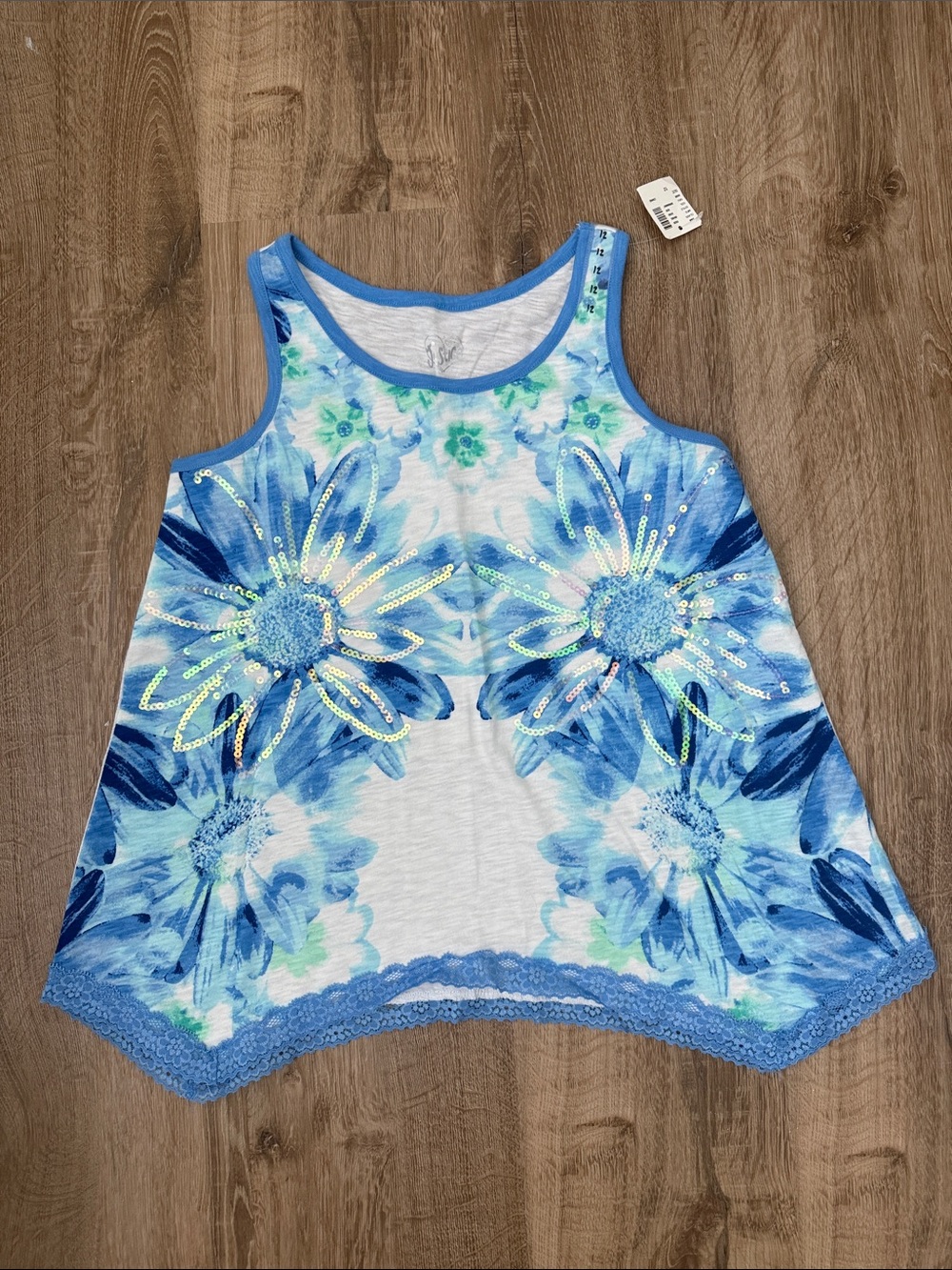 Justice Girls Blue Floral Sequin Tank Top
